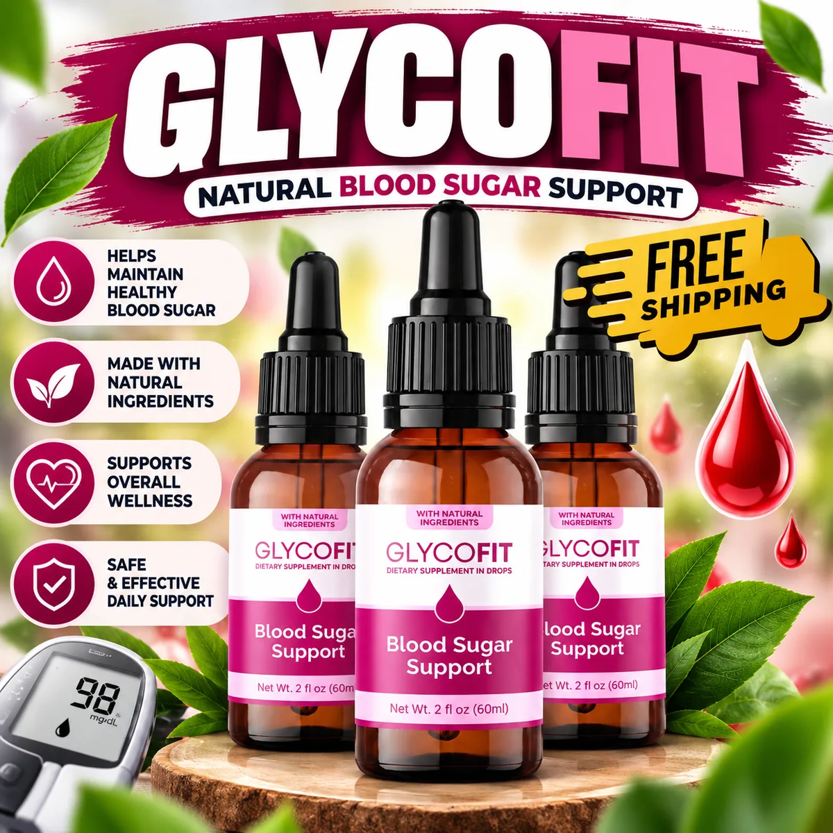 GlycoFit liquid dropper supplement bottles, natural blood sugar support